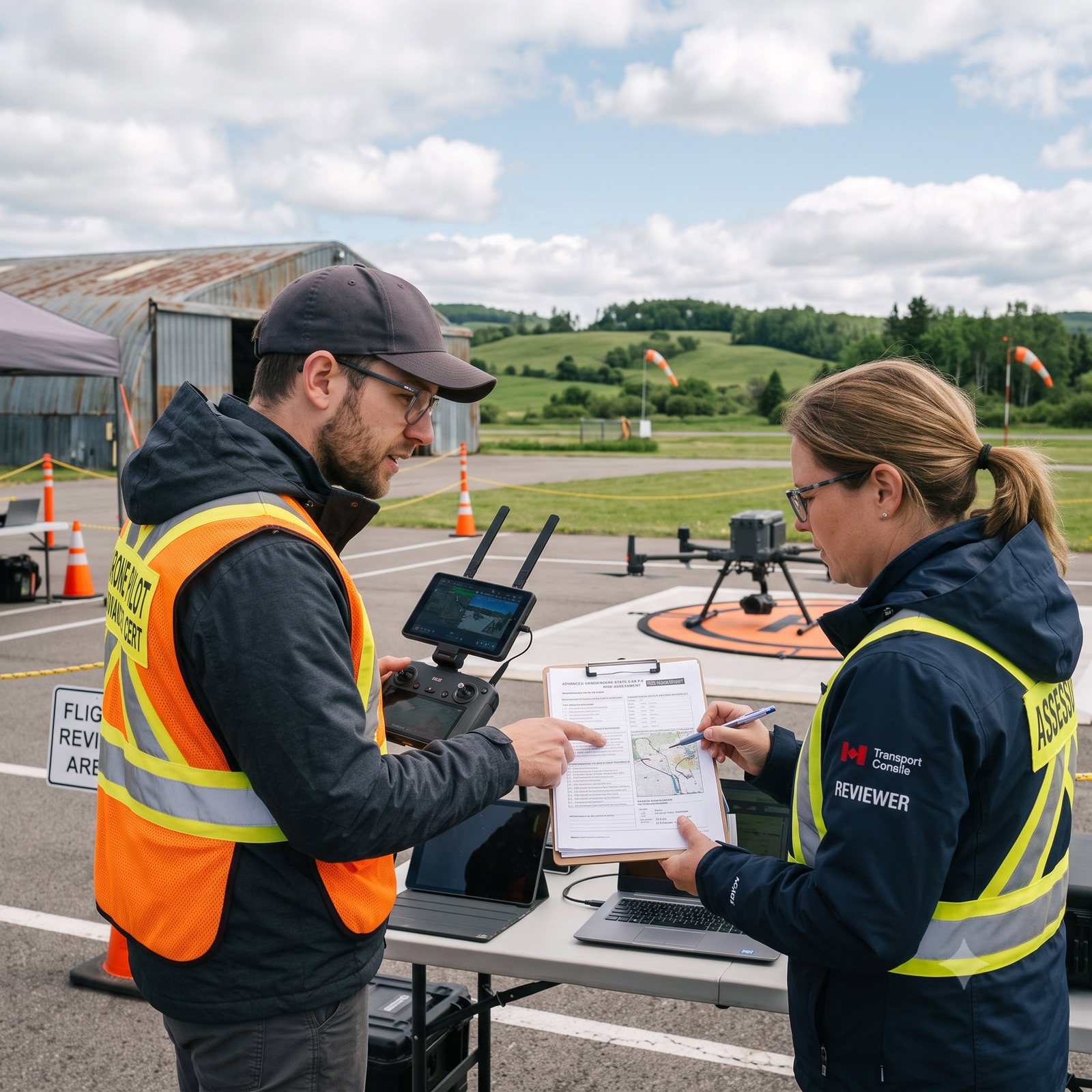 Pilot completing a Transport Canada Advanced Drone flight review practical test in Prince George BC
